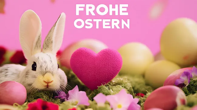 Niedlicher Osterhase mit Herz und bunten Eiern