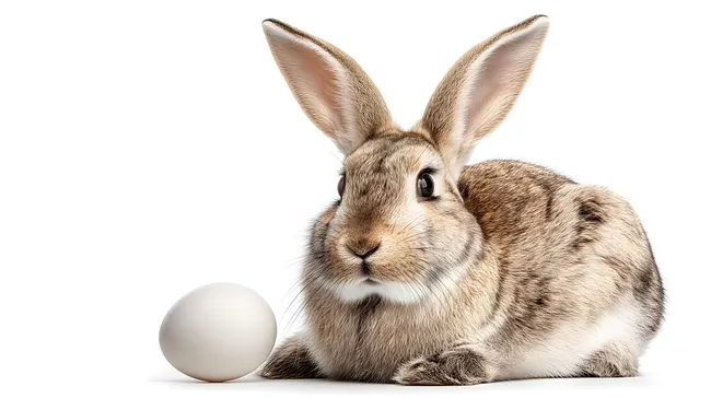 Niedlicher Osterhase mit weißem Ei auf weißem Hintergrund