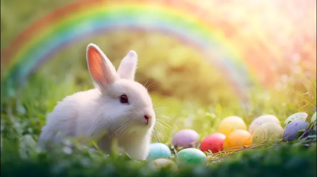 Niedlicher Osterhase vor Regenbogen und bunten Eiern
