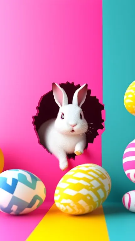 Niedlicher Osterhase zwischen bunten Eiern