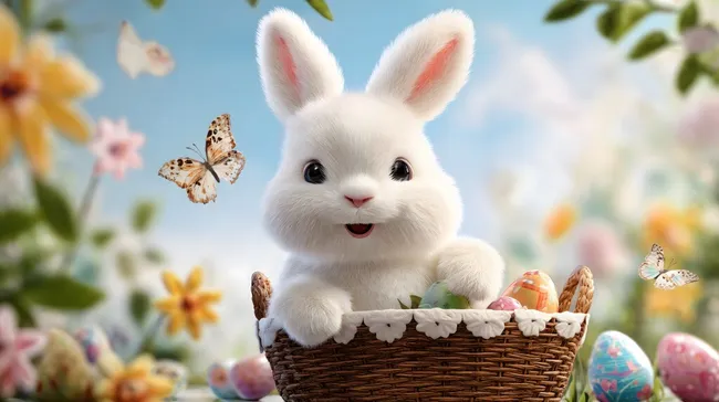 Niedlicher Osterhasen-Korb mit Blumen und Eiern