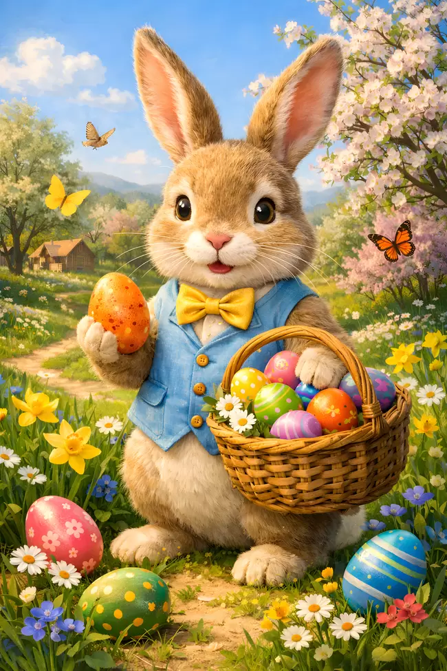 Niedlicher Osterhasen-Korb mit Eiern und Schmetterlingen