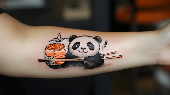 Niedlicher Panda-Cartoon mit Sushi-Tattoo