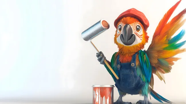Niedlicher Papagei mit Farbwalze und Farbdose