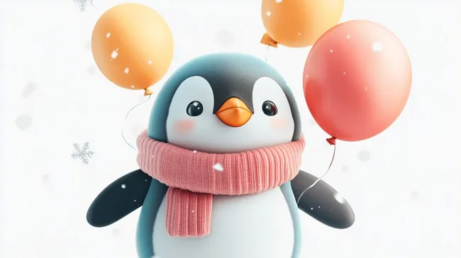 Niedlicher Pinguin mit Luftballons und Schal im Winter