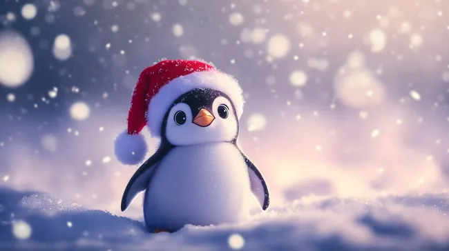 Niedlicher Pinguin mit Weihnachtsmütze im Schneesturm