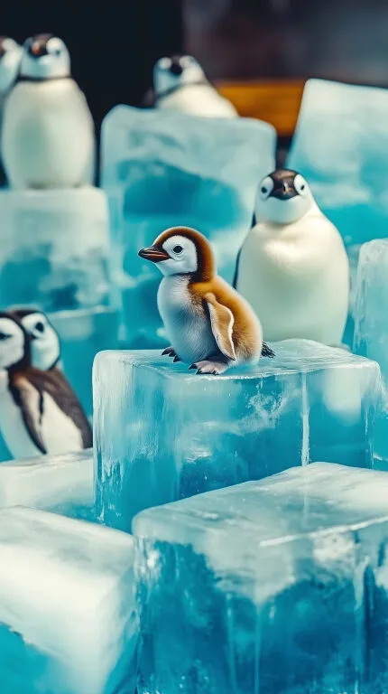 Niedlicher Pinguinküken sitzt auf Eisblöcken