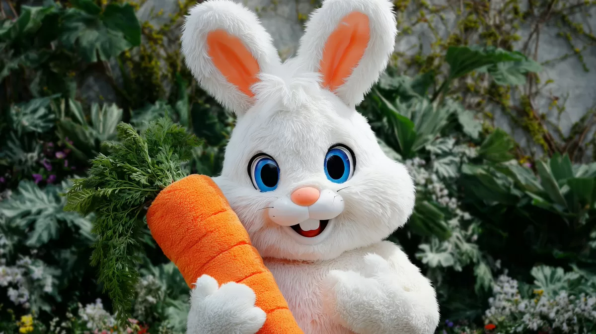 Niedlicher Plüsch-Hase mit Karotte im Garten