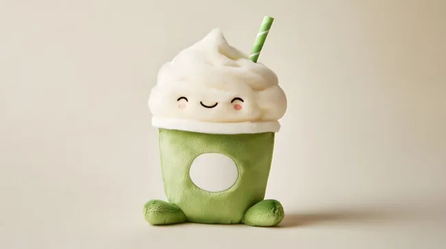 Niedlicher Plüsch-Matcha-Latte mit Gesicht und grünem Design