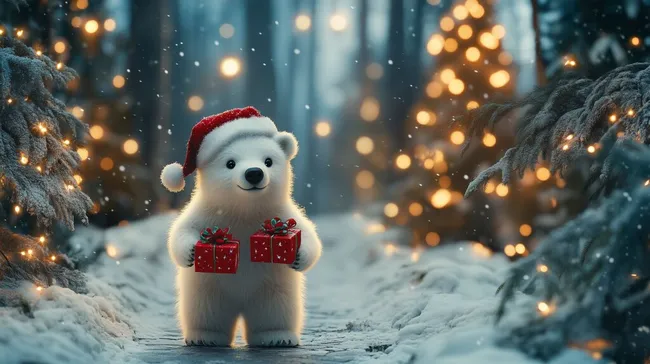 Niedlicher Plüschbär mit Weihnachtsgeschenken im Schneewinter