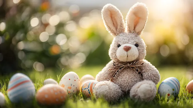 Niedlicher Plüschhase zwischen farbigen Ostereiern