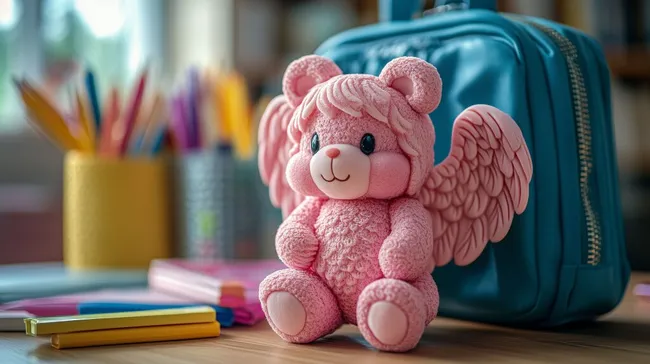 Niedlicher, plüschiger Schutzengel-Teddybär mit rosa Flügeln
