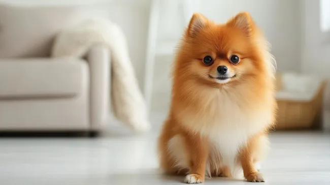 Niedlicher Pommeraner posiert in modernem Wohnzimmer