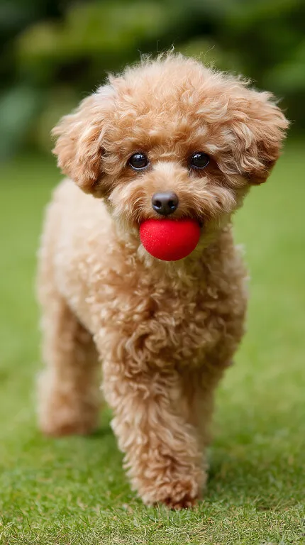 Niedlicher Pudelhund mit rotem Ball auf Graswiese