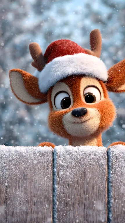 Niedlicher Rentier-Cartoon mit Weihnachtsmütze im Schnee