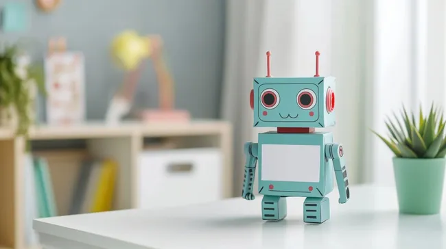 Niedlicher Roboterspielzeug im kindlichen Büroambiente