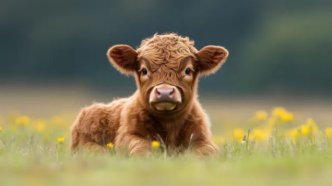 Niedlicher Schottischer Hochlandrinder-Kalb auf Blumenwiese