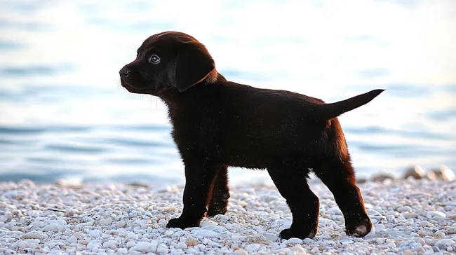 Niedlicher schwarzer Labrador-Welpe am Strand