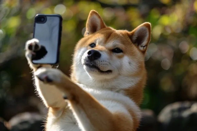 Niedlicher Shiba Inu-Hund fotografiert mit Smartphone