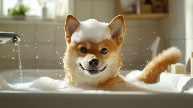 Niedlicher Shiba Inu nimmt lustiges Schaumbad