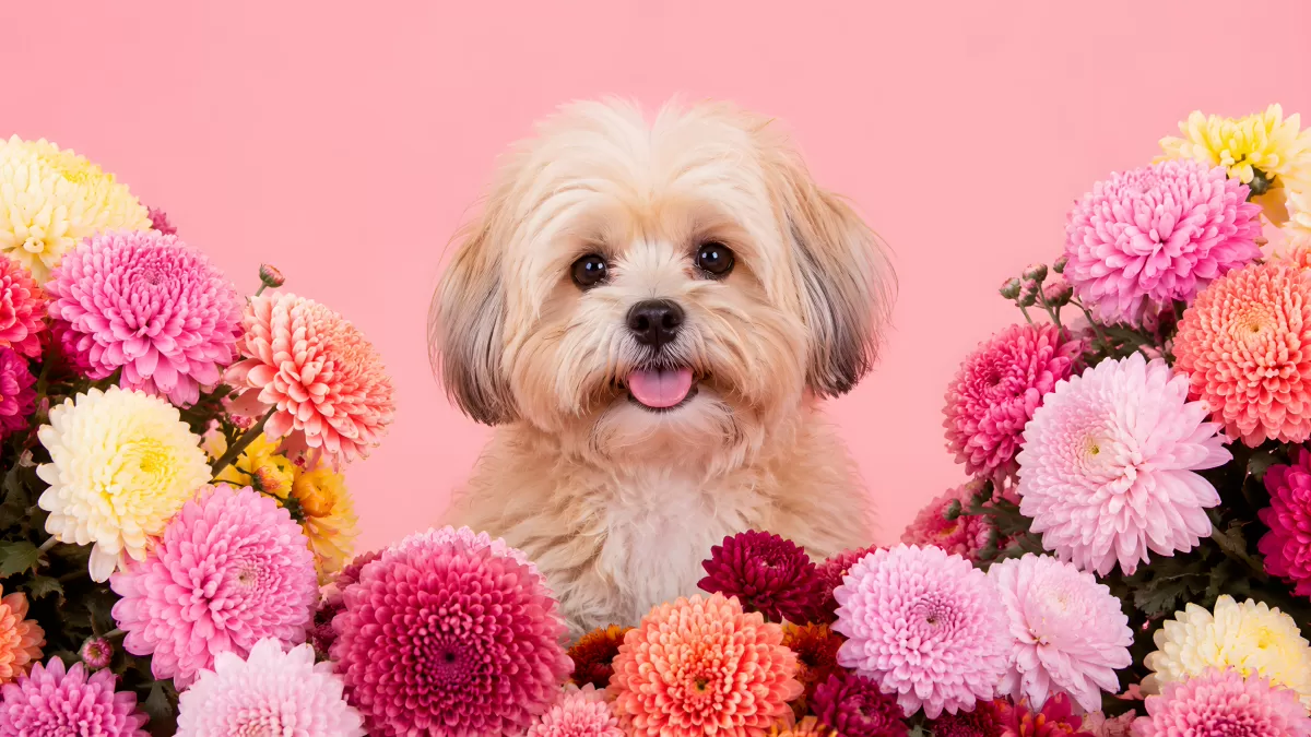 Niedlicher Shih Tzu zwischen bunten Chrysanthemen
