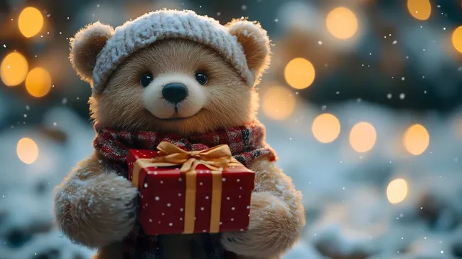 Niedlicher Teddybär in Winterbekleidung mit Geschenkbox