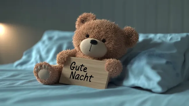 Niedlicher Teddybär mit Gute-Nacht-Schild auf Bett