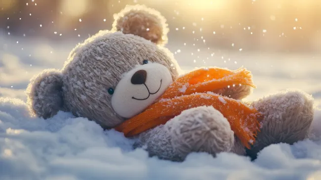 Niedlicher Teddybär mit oranger Winterkleidung im Schnee