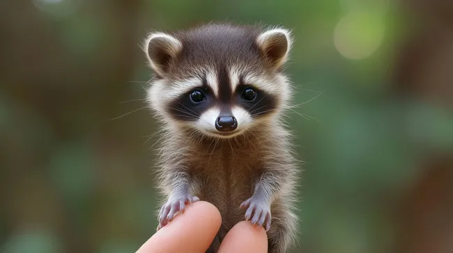 Niedlicher Waschbärjunge sitzt auf einem Finger