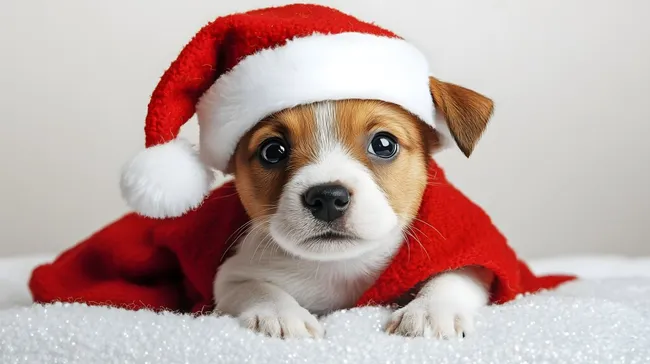 Niedlicher Weihnachtsmann-Welpe mit Weihnachtsmütze