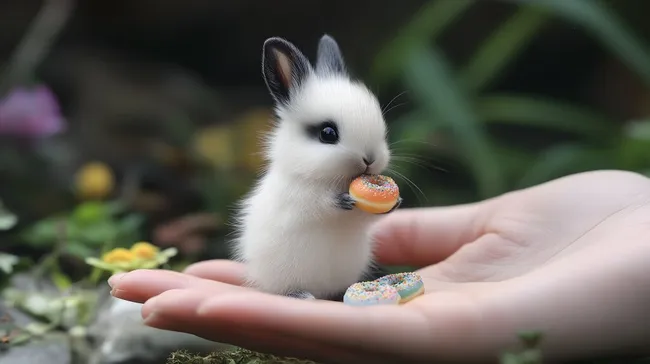 Niedlicher weißer Hase mit Donut auf der Hand