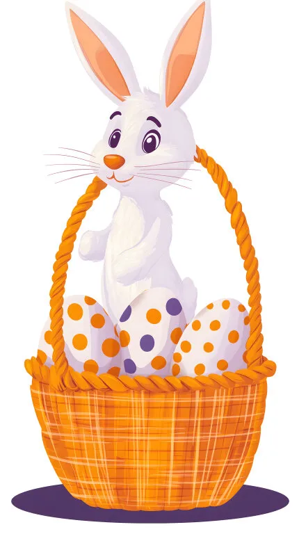 Niedlicher weißer Osterhase im karierten Korb mit Pünktchen