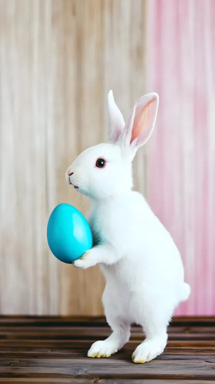 Niedlicher weißer Osterhase mit blauem Ei