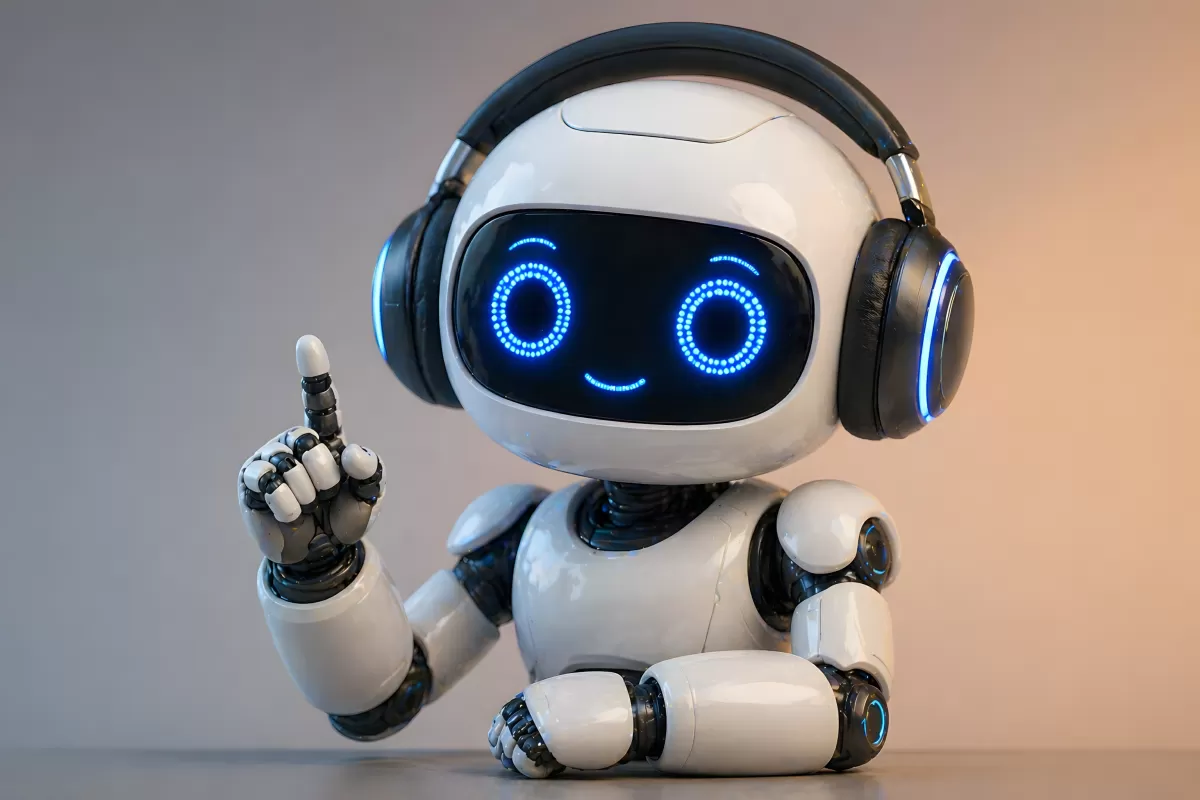 Niedlicher weißer Roboter mit Kopfhörern und blauem Display