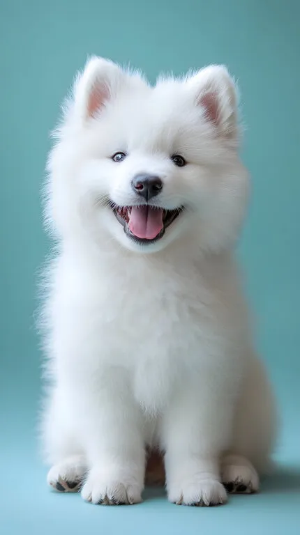 Niedlicher weißer Samojede-Welpe auf türkisfarbenem Hintergrund