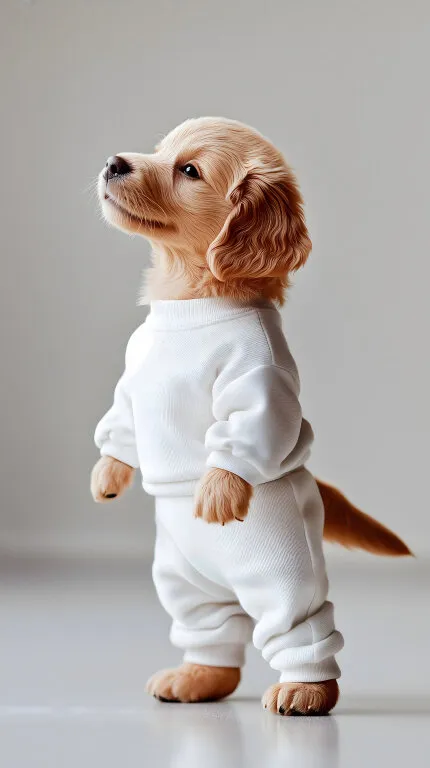 Niedlicher Welpe im weißen Pullover auf Hinterbeinen