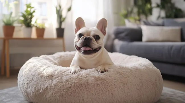 Niedlicher Welpe in gemütlichem Hundebett