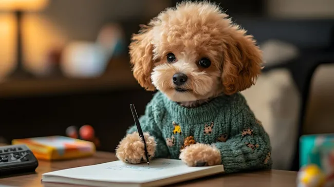 Niedlicher Welpe in grünem Pullover zeichnet in Notizbuch