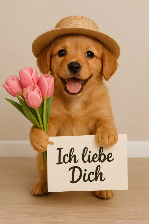 Niedlicher Welpe mit Tulpen und Liebesschild