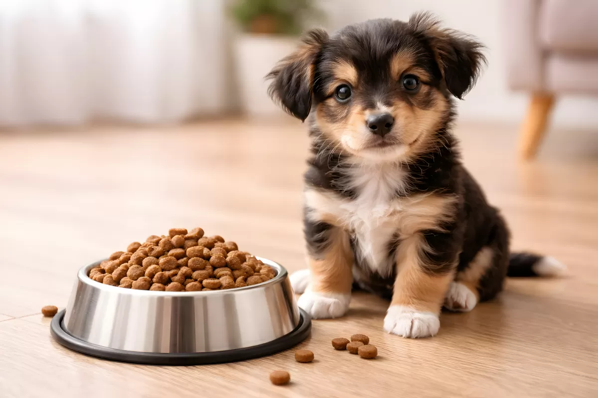 Niedlicher Welpe posiert vor Futter