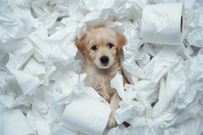 Niedlicher Welpe spielt mit weißen Papierschnipseln