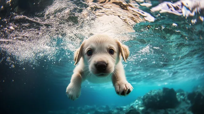 Niedlicher Welpe taucht im türkisen Wasser