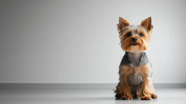 Niedlicher Yorkshire-Terrier in minimalistischer Umgebung