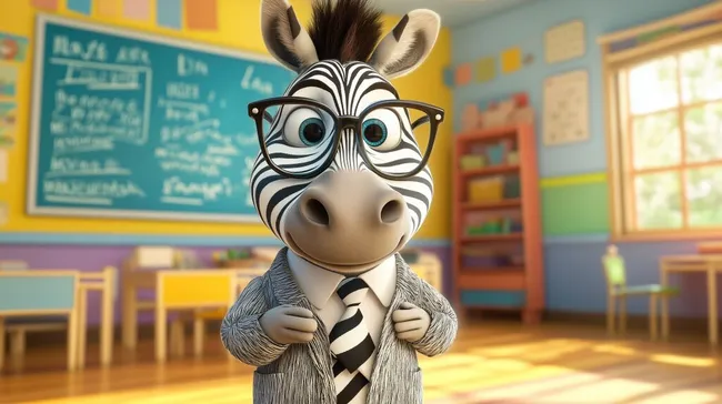Niedlicher Zebra-Lehrer in buntem Klassenzimmer