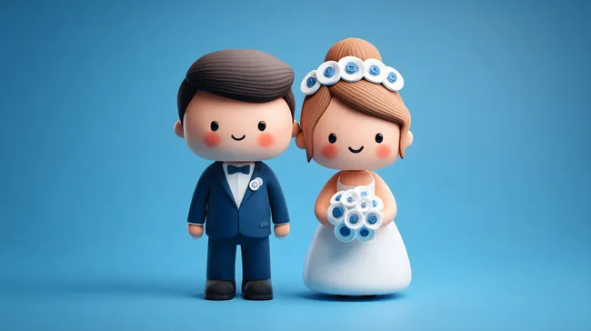 Niedliches 3D-Hochzeitspaar in blauer Szenerie