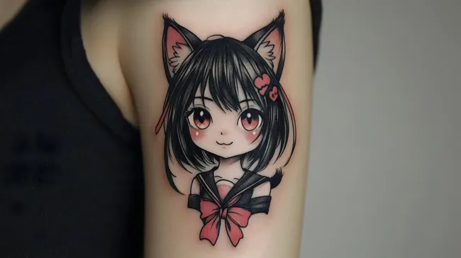 Niedliches Anime-Mädchen-Tattoo mit Katzenohren