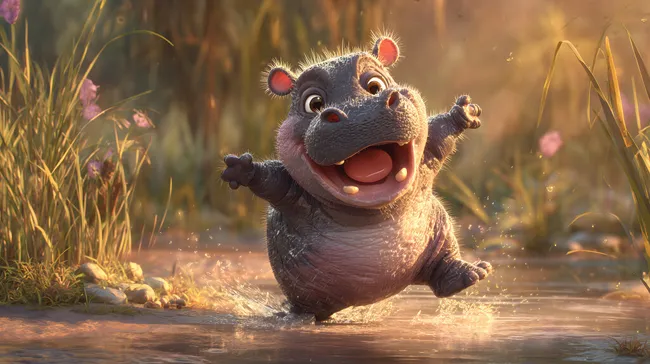 Niedliches Baby-Flusspferd tanzt fröhlich im Sonnenlicht