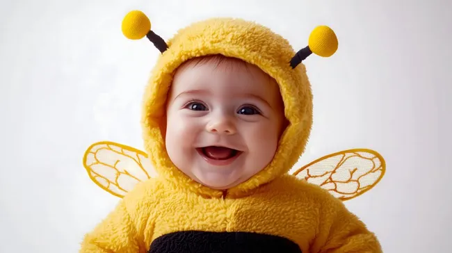 Niedliches Baby im Bienenkostüm lächelt vor weißem Hintergrund