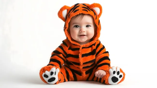 Niedliches Baby im Tigerkostüm vor weißem Hintergrund