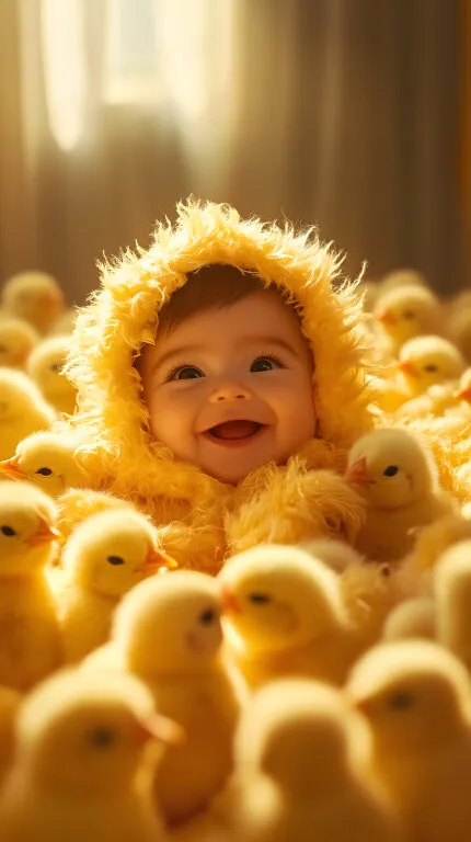 Niedliches Baby in flauschigem Küken-Kostüm bei Osterstimmung